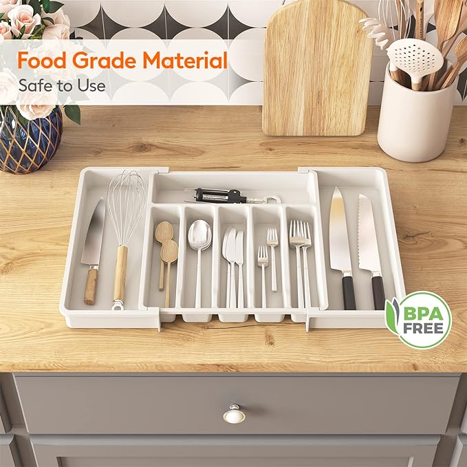 Lifewit Silverware Drawer Organizer, Expandable Utensil Tray for Kitchen, BPA Free Flatware and Cutlery Holder, Adjustable Plastic Storage for Spoons Forks Knives, Large, White