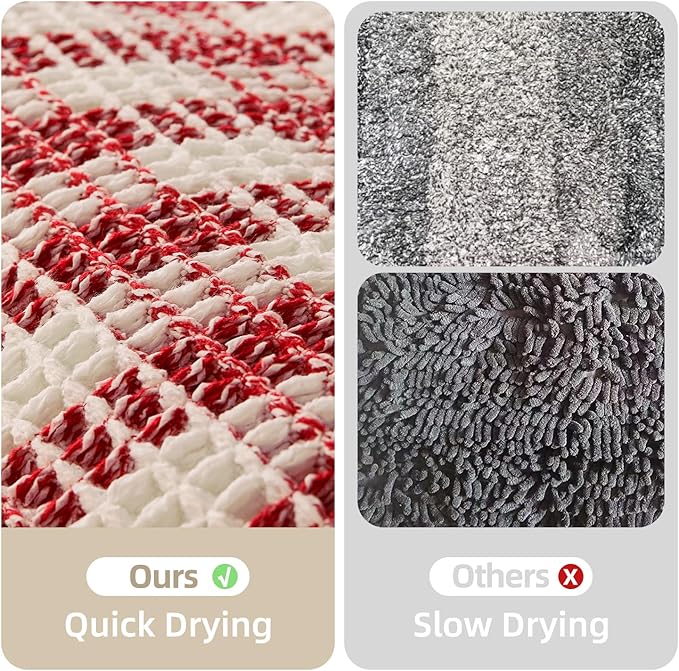 Waffle Bath Mat, Boho Christmas Bathroom Rugs Non Slip Washable Absorbent Checkered Bathroom Mat Quick Dry Cute Bath Mat, 48"x24" Red and White