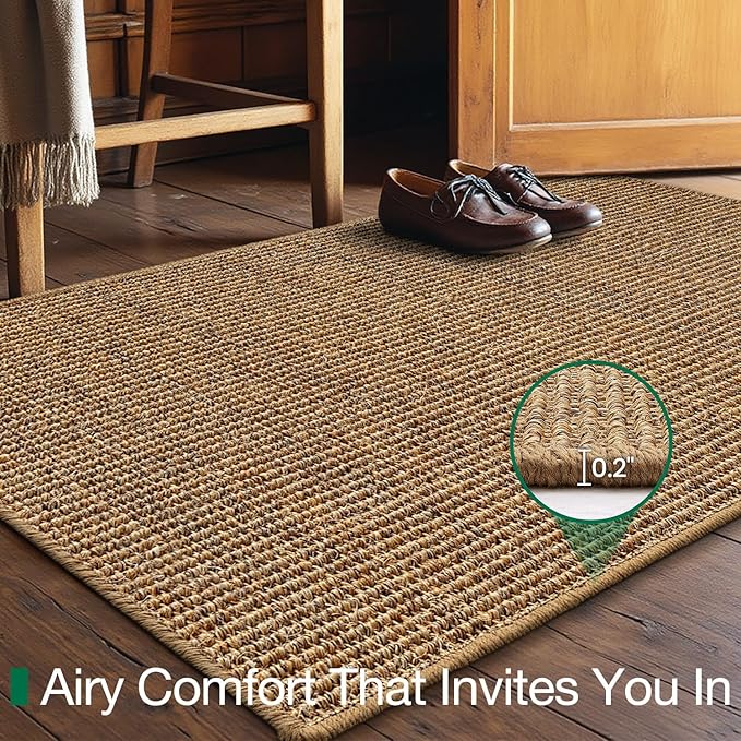 LUMI Handwoven Sisal Door Mat, Non-Slip Durable Entryway Mat, Welcome Front Doormat, Solid Floor Mats for Entrance, 20"x32", Brown Sisal