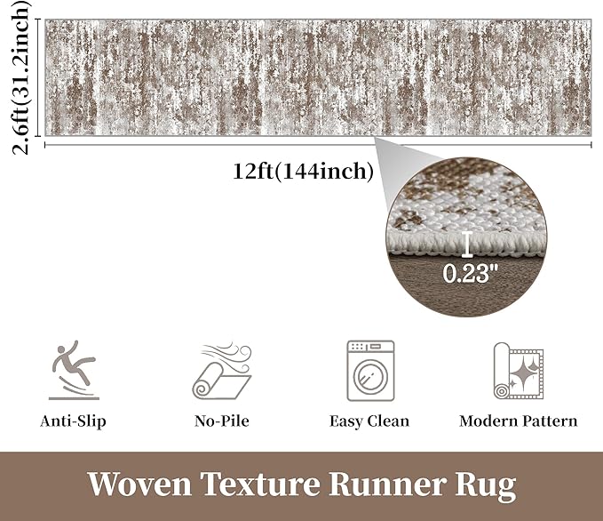 Kitchen Rugs Ultra Non-Slip 2.6x12 Washable Runner Rug Abstract Tear and Stain Resistance No Pile Lightweight Runners for Entryway, Hallway, Walkway, Bedside, Entrance, Brown
