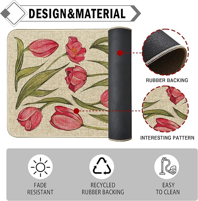 Welcome Spring Door Mat Tulip Flowers Doormat Indoor Outdoor Entrance Summer Decor Outdoor Rug Low-Profile Floor Rug Non Slip Spring Summer Decor Rubber Mats for Home Decoration 17x29Inch