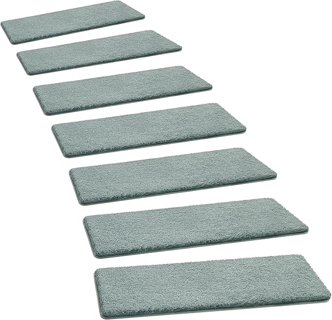 PURE ERA Carpet Stair Treads Ultra Plush 8 x30 inch Soft Indoor Stair Protectors Pet-Friendly Non-Slip Skid Resistant Tape Free Washable Reusable (2 Pieces, Greenish Gray)