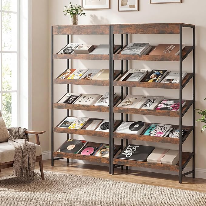 Tangkula 6-Tier Bookshelf, Tall Freestanding Bookcase with Angled Shelves, Industrial Display Rack Storage Organizer with Metal Frame & Anti-Tip Kits for Home Office Living Room (2, Rustic Brown)