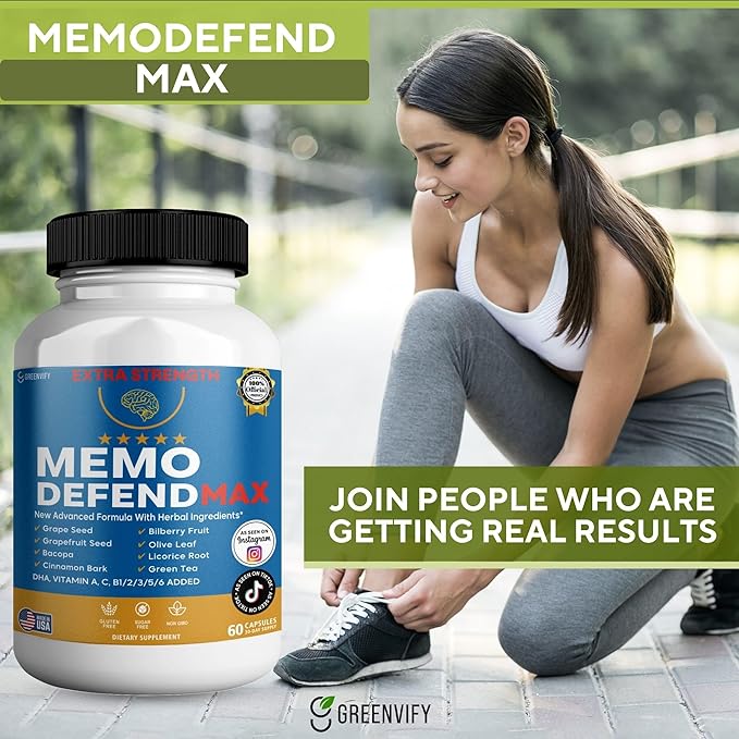 Memo Defend Max Memory Support Supplement, 60 Capsules, with Vitamins A C D E B Complex, DHA, Bacopa, Grapefruit Seed (2)