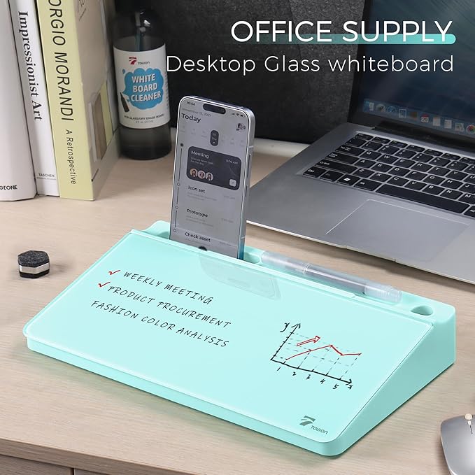 TOWON Small Compact Glass Desktop Whiteboard with Storage – 12 x 7 in Dry Erase Board for Desk, Home Office, School | Includes 5 Markers, Eraser & Holder | Space-Saving Organizer, Aesthetic Aqua Blue