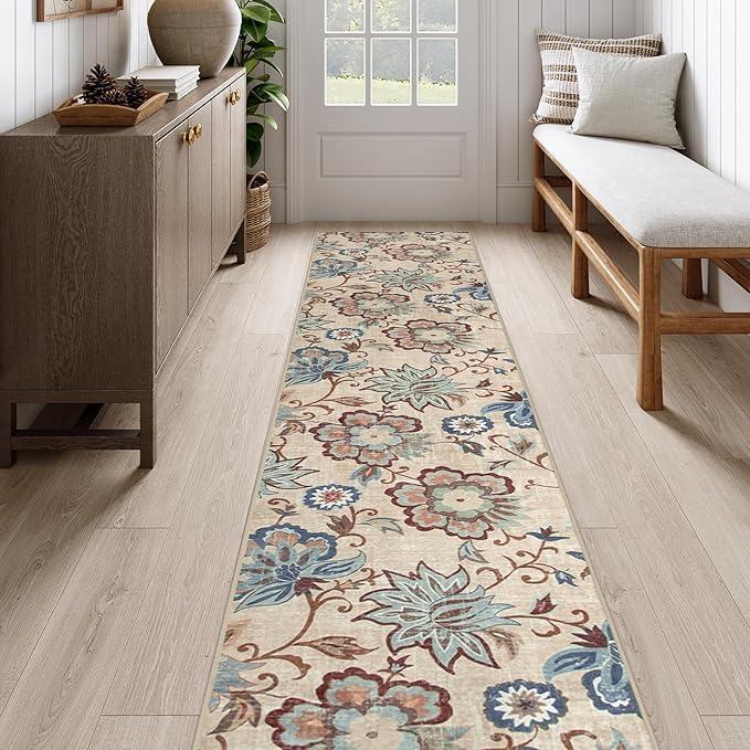 Beeiva Floral Kitchen Runner Rug Washable, 2.5x10 Vintage Runner Rug Ultra Thin Kitchen Rugs Non Slip, Paisley Foldable Beige Rug Stair Runner Carpet for Laundry Room Entryway