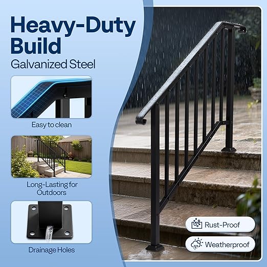 VIVOHOME 2-Pack 4 Step Galvanized Steel Hand Rails for Outdoor Steps – Curved Ends and Safety Balusters Exterior Railing for Porch, Deck, or Indoor Stairs, Complete Installation Kit
