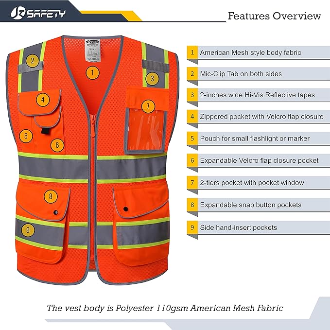 JKSafety 9 Pockets Hi-Vis Reflective Safety Vest | Mesh Fabric | Fluorescent Orange Color with Neon Yellow Extended Trims | ANSI/ISEA Compliance (100-Orange, M)