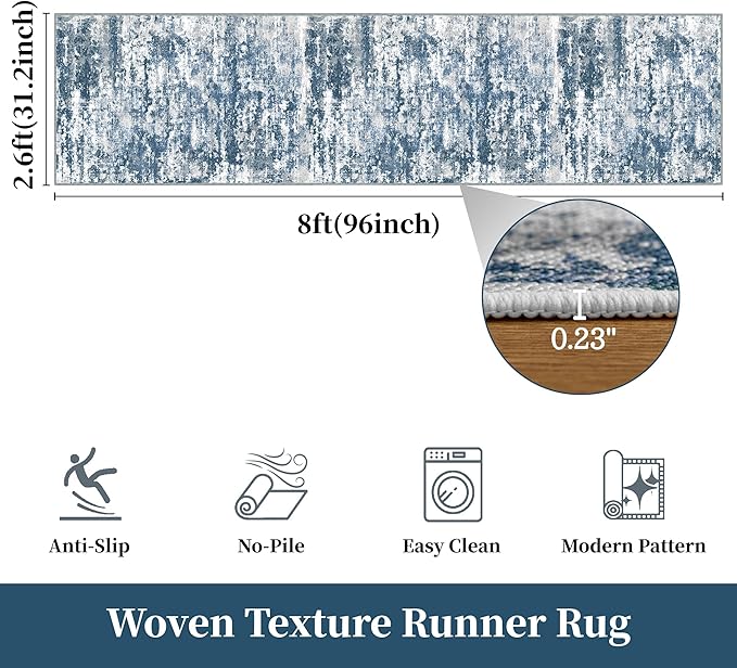 Kitchen Rugs Ultra Non-Slip 2.6x8 Washable Runner Rug Abstract Tear and Stain Resistance No Pile Lightweight Runners for Entryway, Hallway, Walkway, Bedside, Entrance, Blue