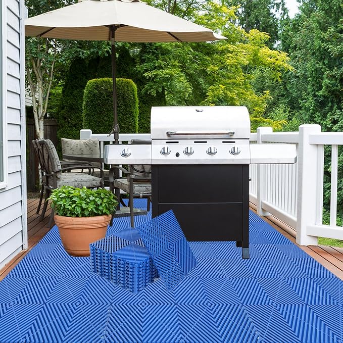 12Pack Modular Interlocking Grille Tile 12"x12"x0.66" Heavy Duty Mat for Garage Flooring Car Washing Facility Drain Balcony Yard Deck Floor (Blue)