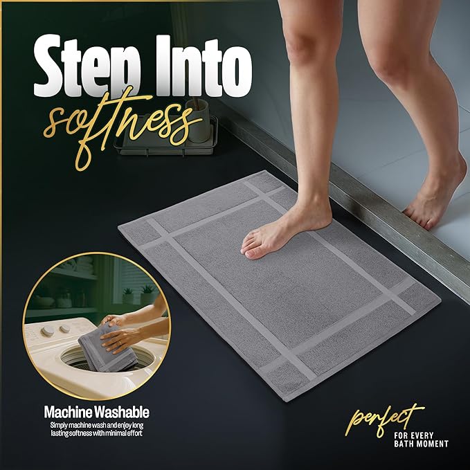 Pearl Linens 100% Ring Spun Cotton Bath Mat (Pack of 2) 18 x 25 Inch, Washable, Soft & Absorbent Terry Bathroom Floor Mat – Not Bathroom Rugs – Quick-Dry After Shower Bath Mat, 687 GSM, Light Grey