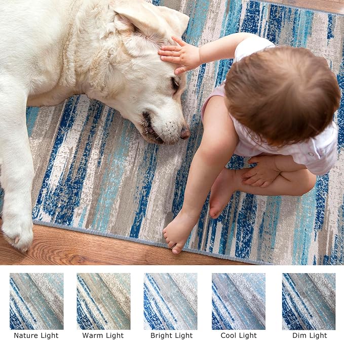 Modern Abstract 6x9 Machine Washable Living Room Rug Non-Slip Soft Bedroom Area Rug Blue Ultra Thin Print Faux Wool Floor Carpet Throw Rugs for Nursery Playroom Dining Room Indoor Office