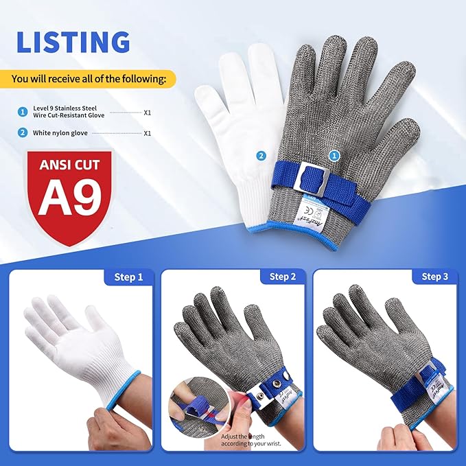 ANSI A9 Cut Resistant Glove Food Grade, Stainless Steel Mesh Metal Knife Cutting Glove for Butcher Oyster Shucking Kitchen Mandoline Chef Slicing Fish Fillet(Size: 8/Medium)