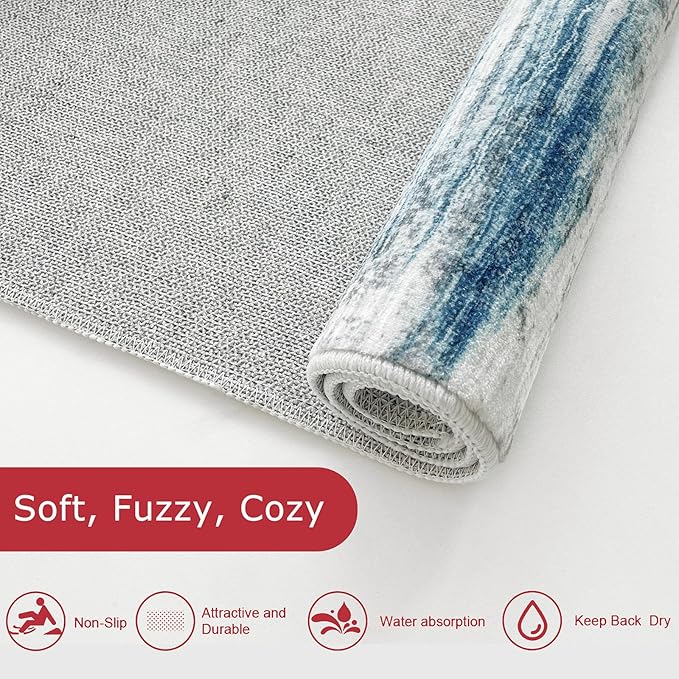 KOZYFLY Modern Abstract Hallway Runner Rug, 2x6 Washable Rug Runner Non-Slip Soft Striped Kitchen Runner Rugs, Print Blue Carpet Runner for Entryway Bathroom Laundry Room Foyer