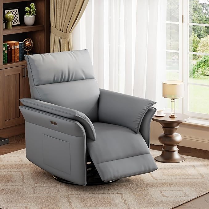 IDEALHOUSE Power Recliner Chair, 270° Swivel Rocking Glider with USB Charging Port, PU Leather Upholstered Fabric and Double-Layer Armrests, Nursery Chair for Living Room, Nursery (Power Grey)