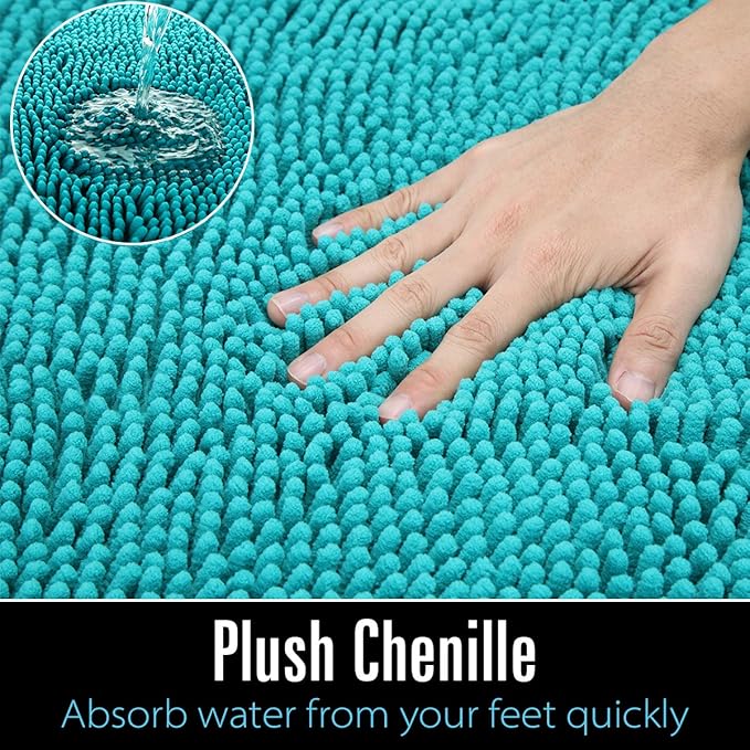 LOCHAS Luxury Bathroom Rug Shaggy Bath Mat 24 x 70 Inch, Washable Non Slip Bath Rugs for Bathroom Shower, Soft Plush Chenille Absorbent Carpets Mats, Teal Blue