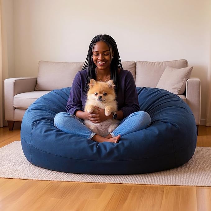 Lumaland Luxurious 4ft Bean Bag Chair with Microsuede Cover - Ultra Soft, Foam Filling, Washable Medium Bean Bag Sofa for Kids, Teenagers, Adults, Pets - Sack Chair for Dorm, Kid's Room - Navy Blue