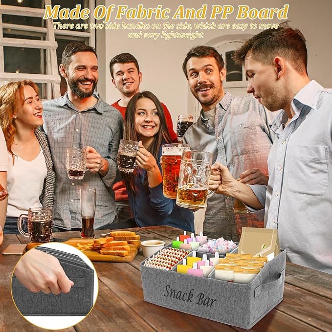 Snack Organizer for Countertop, 6 Compartment Snack Basket Container, Trapezoid Fabric Snack Bin Holder with Side Handles,Lightweight Snack Bar Station Organizer, Kitchen Pantry Storage (Grey)