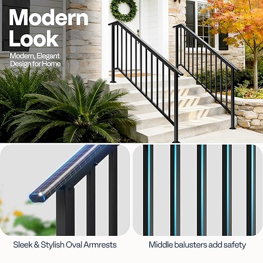 VIVOHOME 2-Pack 6 Step Galvanized Steel Hand Rails for Outdoor Steps – Black Oval and Safety Balusters Exterior Railing for Porch, Deck, or Indoor Stairs, Complete Installation Kit