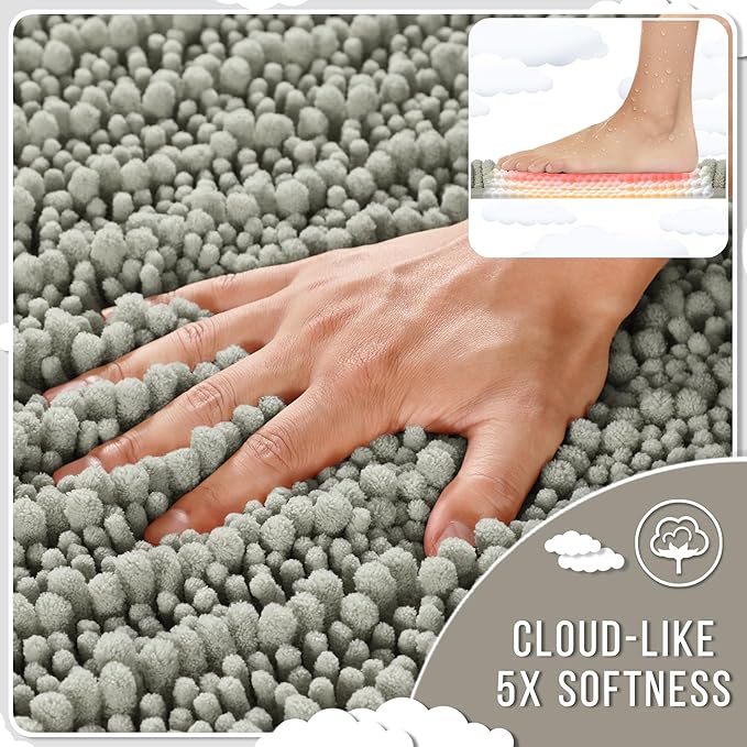 Yimobra Long Bathroom Rugs Non Slip Washable 44x24 Inch - Ultra Soft Absorbent Chenille Bath Mat, Quick Dry Shaggy Floor Carpet for Tub Shower, Sand Home Decor Accessories