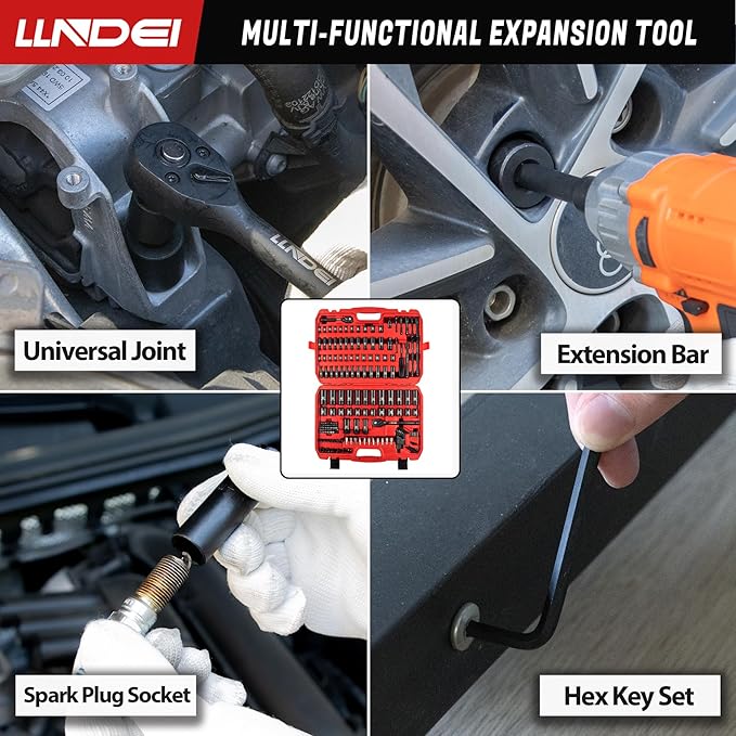 LLNDEI 1/4 & 3/8 Inch Drive Impact Socket Set, 186 Pieces Metric and Standard Full Sockets, CR-V Deep & Shallow Sockets Tool Set with Ratchet Wrench Handle, Spark Plug Socket, Bits for Mechanic