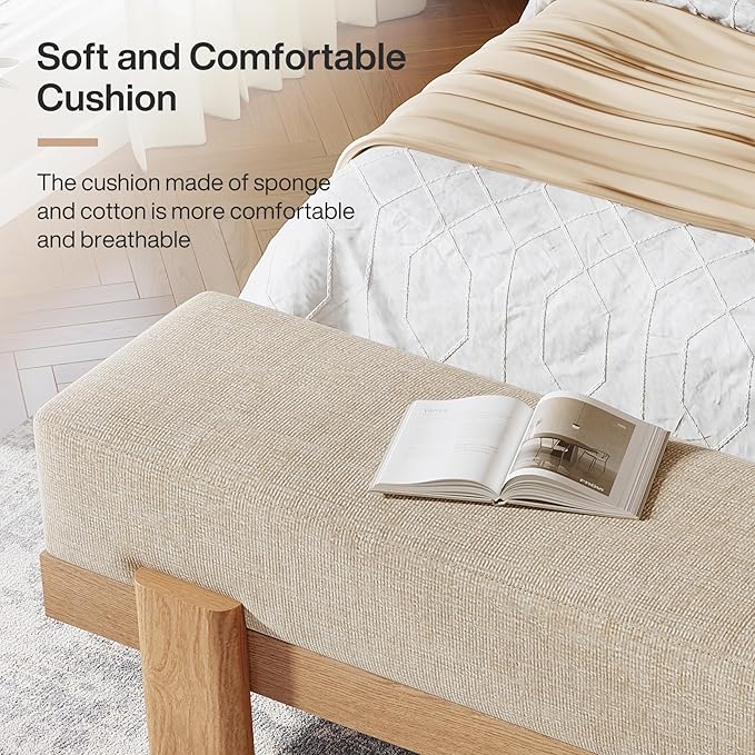 Tribesigns 55-Inch Upholstered Entryway Bench, Modern Shoe Bench with Fabric Padded Seat and MDF Frame, End of Bed Stool for Bedroom, Entrance, Living Room (Beige & Oak)