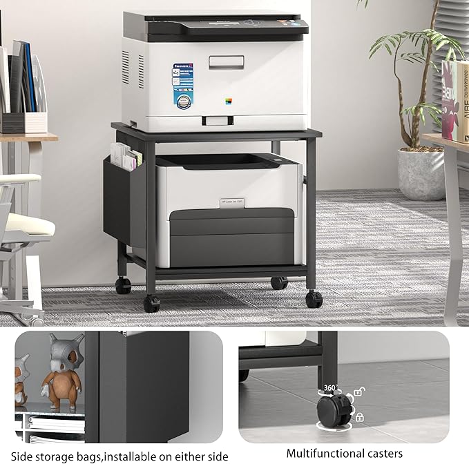 Large Printer Stand, 23.6 x 23.6 Inches Square Printer Stand with Storage Shelf, 2 Tier Printer Table for Home Office, Rolling Printer Cart with Lockable Wheels, Mobile Mini Fridge Stand Table, Black