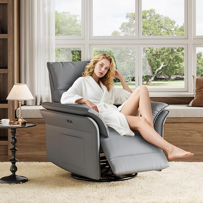 IDEALHOUSE Power Recliner Chair, 270° Swivel Rocking Glider with USB Charging Port, PU Leather Upholstered Fabric and Double-Layer Armrests, Nursery Chair for Living Room, Nursery (Power Grey)