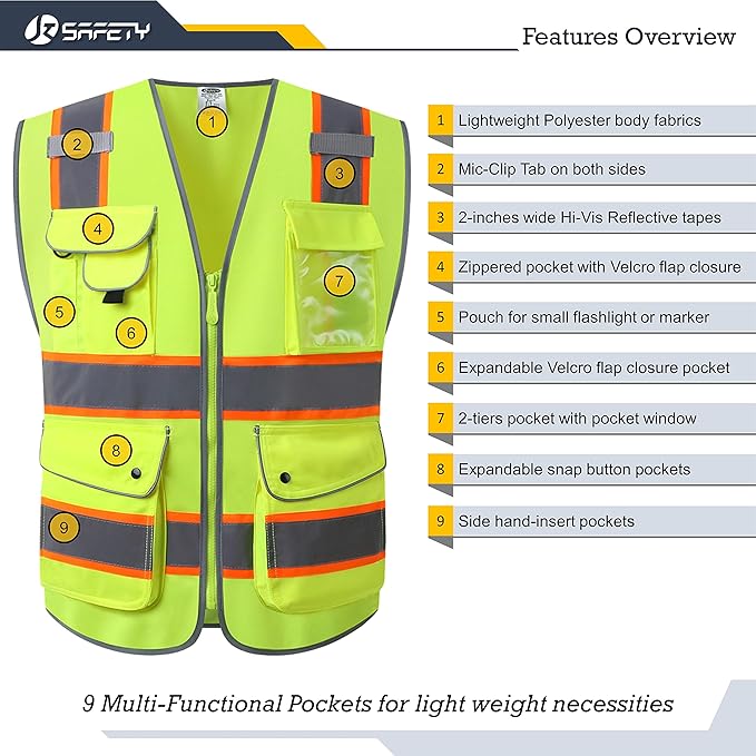 JKSafety 9 Pockets Hi-Vis Neon Yellow Color Zipper Front Safety Vest with Fluorescent Orange Extend Edge outlining the Reflective Tapes Meet ANSI/ISEA Class 2 Standard (901-Yellow, 5XL)