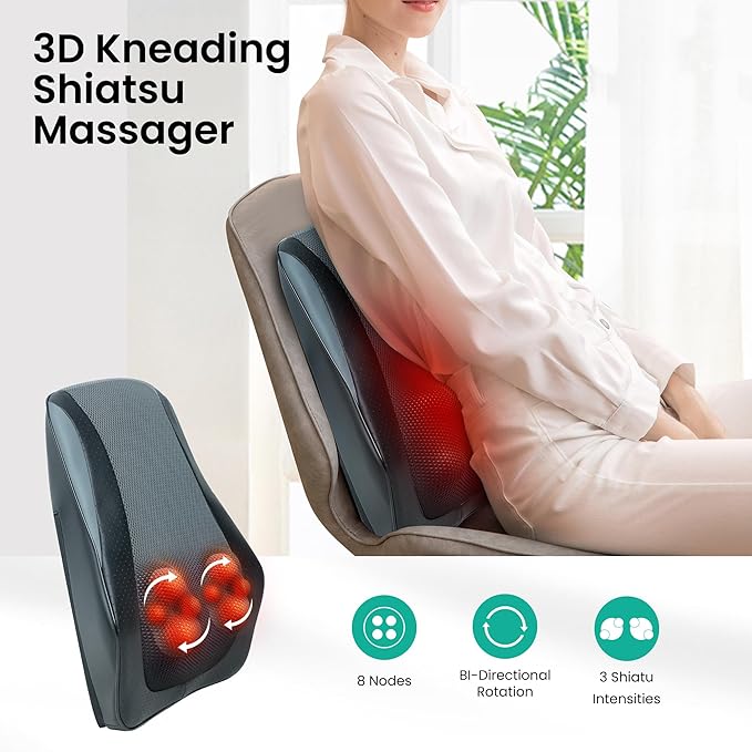 Snailax Back Massager for Back Pain Deep Tissue, Shiatsu Lower Back Neck Massager with Heat, 3D Kneading Massage Pillow for Neck Shoulder Legs, Gifts for Mom, Dad, Women
