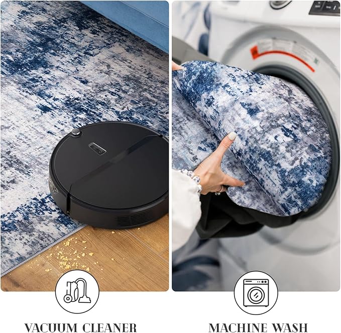 Modern Abstract Hallway Runner Rug, Grey Navy Blue 3x8 Runner Rug, Washable Kitchen Runner Non-Slip Soft Thin Print Faux Wool Carpet for Entryway Bedroom Laundry Room Indoor