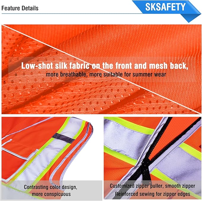 SKSAFETY 10 Pockets Safety Vest, Class 2 High Visibility Security with Zipper Back Mesh, Hi Vis Vest with Reflective Strips, ANSI/ISEA Standard, Construction Work Vest for Men ＆ Women （Orange, L）