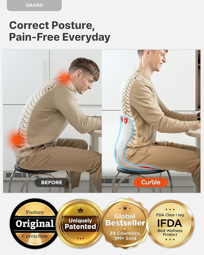 Curble GRAND(Extra Wide & Sturdy) 2PACK – Ergonomic Chair Back Support, Lumbar Support for Posture Correction, Back Pain Relief, Perfect for Office Chair, Floor Seat, Work from Home, Patented(2P Grey)