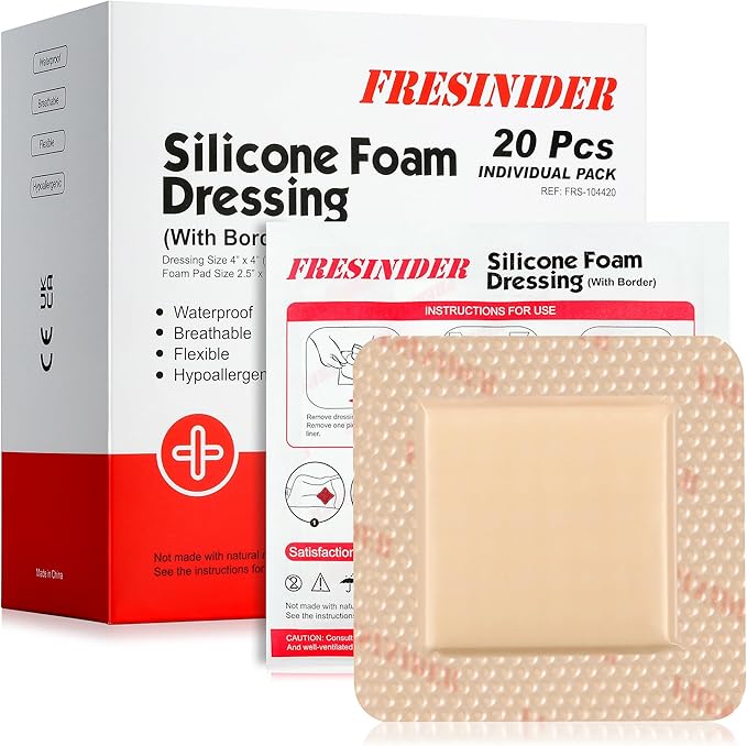 FRESINIDER Silicone Foam Dressing with Adhesive Border – Wound Dressing Bandage – Silicone Foam Pad – Pack of 20 – 4 x 4 Inches Large Waterproof Bandages – Self Adhesive Wound Care and Dressings