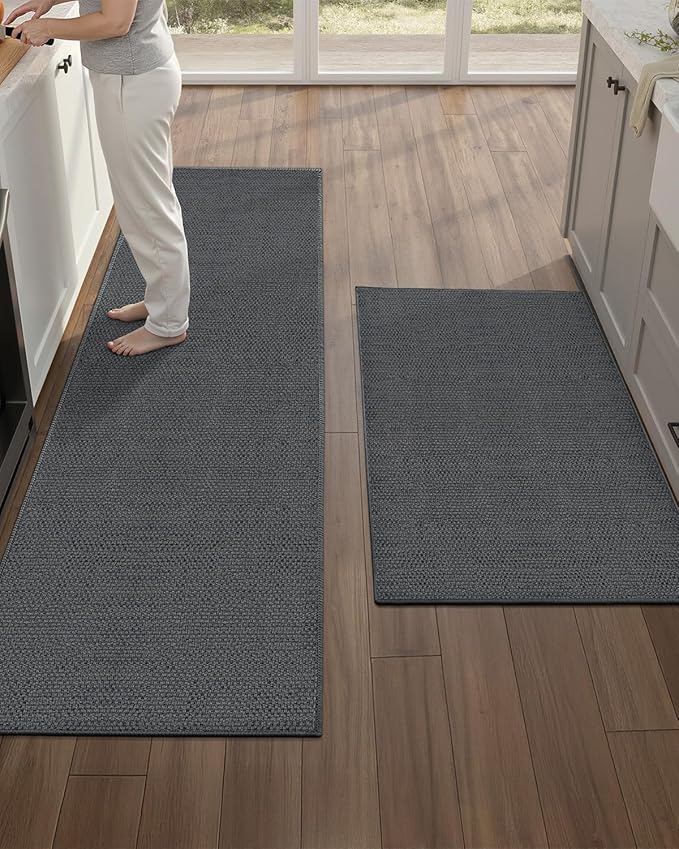 Color&Geometry Washable Kitchen Floor Mats Set,Extra Long Absorbent Non Slip Kitchen Runner Rug for Front Sink, Laundry, Hallway, 24"x36"+24"x72", Grey