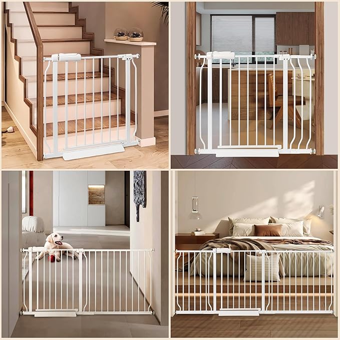 Baby Gate for Stairs No Drill 38.58-43.31 Inch, Pressure Mounted Metal Child Safety Dog Gates for Doorways, Walk Through Pet Indoor Auto Close, White