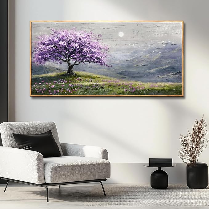 FUHAIHUA Wood Framed Canvas Wall Art For Living Room Large Wall Decor For Office Bedroom Decorations Purple Tree Pictures Farmhouse Painting Artwork Room Wall Mural Aesthetic Home Decor 30x60 In