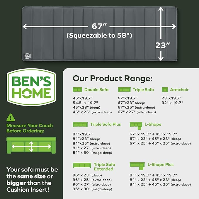 BEN'SHOME Heavy Duty Couch Cushion Support Board – Instantly Repair Sagging Sofa Seat | 23" x 58"-67" | .5" Furniture Grade Wood Under Cushions Insert, Anti-Slip Supports, Extend Sofas & Couches Life
