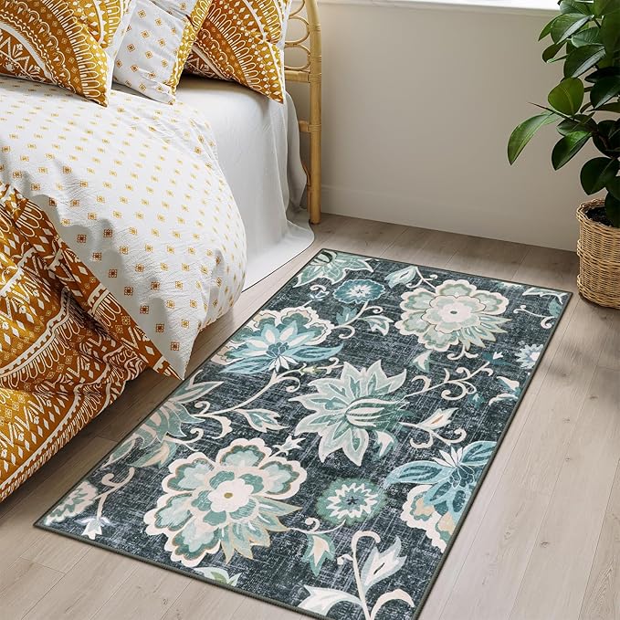 Beeiva Floral 3x5 Machine Washable Area Rugs, Vintage Rug for Entryway with Rubber Backing Paisley Blue, Ultra Thin Bathroom Carpet for Living Bedroom Kitchen