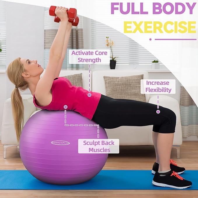 Fitvids Anti-Burst and Slip Resistant Exercise Yoga Fitness Birthing Ball with Quick Pump, 2,000-Pound Capacity, Multiple Colors and Sizes