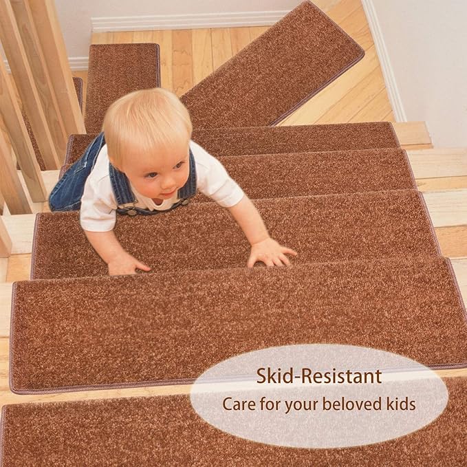 PURE ERA Bullnose Carpet Stair Treads Set Tape Free Non-Slip Indoor Stair Protectors Pet Friendly Rugs Covers Soft Skid Resistant Washable Reusable 9.5" x 30"(14 Pieces,Brown)