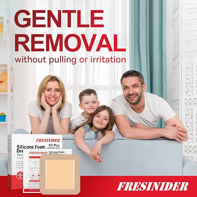FRESINIDER Large Sacrum Silicone Foam Dressing 6" x 6", 10 Pack – Super Absorbent Silicone Border Dressing for Bed Sores, Sacral Pressure Ulcers & Post-Surgery Care – Waterproof, Breathable & Gentle