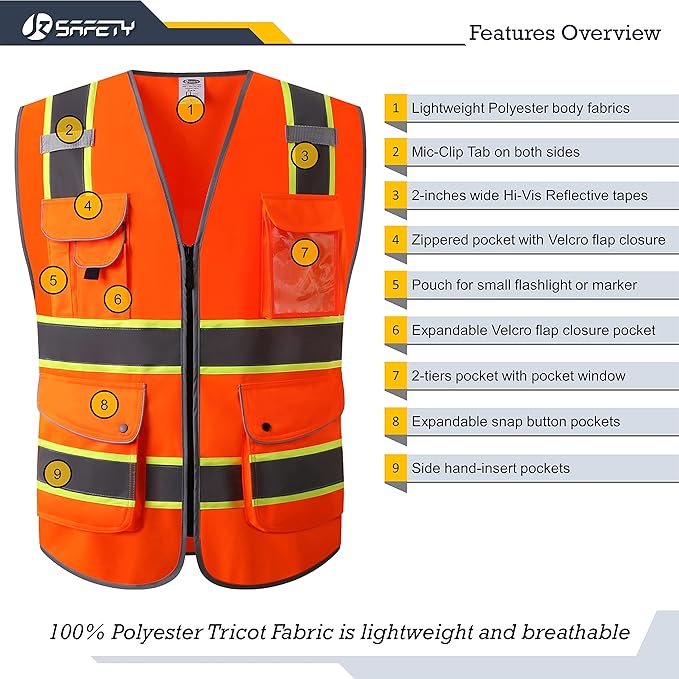 JKSafety 9 Pockets Hi-Vis Neon Orange Color Zipper Front Safety Vest with Fluorescent Yellow Extend Edge outlining the Reflective Tapes Meet ANSI/ISEA Class 2 Standard (901-Orange, 5X-Large)
