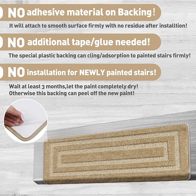 PURE ERA Bullnose Carpet Stair Treads Set Tape Free Non-Slip Indoor Stair Protectors Pet Friendly Rugs 9.5" x 30"(14 Pieces,Khaki Rectangular)