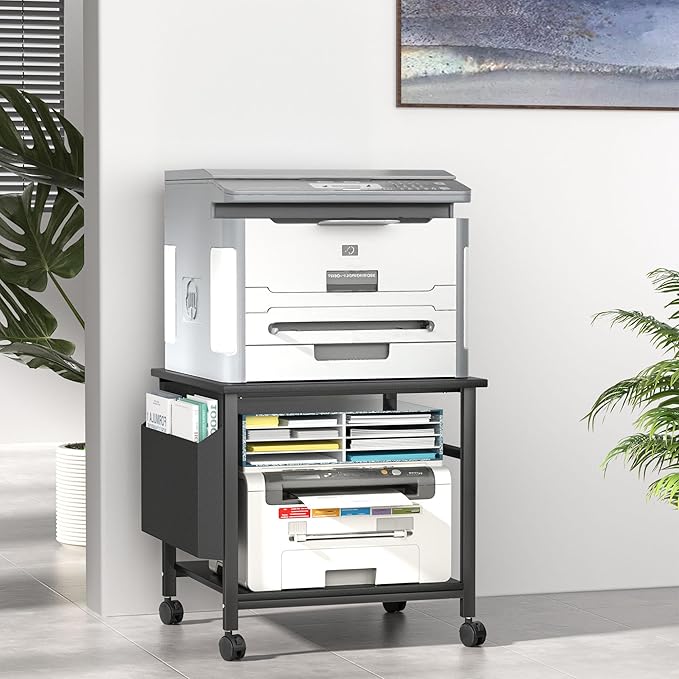 Large Printer Stand, 23.6 x 23.6 Inches Square Printer Stand with Storage Shelf, 2 Tier Printer Table for Home Office, Rolling Printer Cart with Lockable Wheels, Mobile Mini Fridge Stand Table, Black