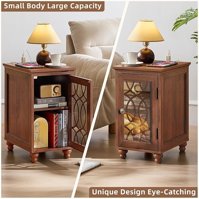 Narrow Side Table with Charging Station Set of 2, Night Stand with Glass Door,Bedside End Tables with Adjustable Shelf Storage Cabinet,Wood Nightstand for Small Spaces Living Room Bedroom