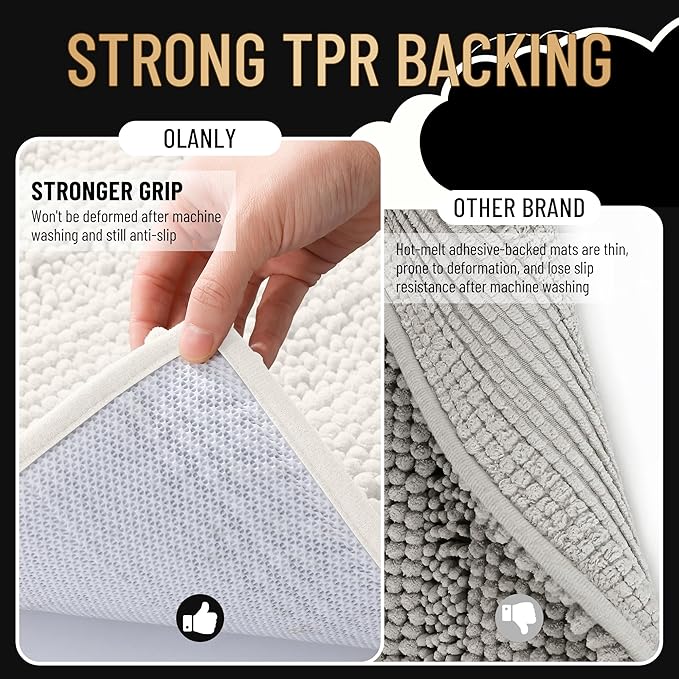 OLANLY Thick Toilet Rugs U-Shaped 24x20, Extra Soft Absorbent Chenille Striped Contour Bathroom Rugs for Toilet, Dry Quickly, Machine Washable, Non-Slip Bath Mat, Ivory