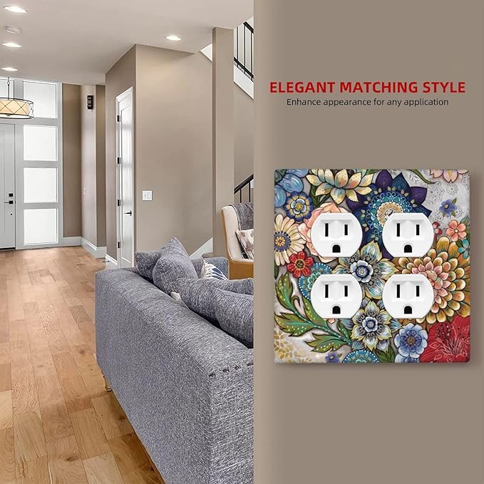 Boho Floral Colorful Floral Multi Color Flower Outlet Covers 2 Gang Double Duplex Decorative Light Switch Covers Electrical Wallplates Socket Faceplate for Bedroom Living Room Home Decor