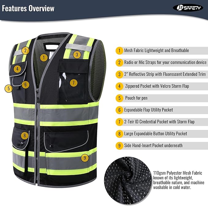 JKSafety 11 Pockets Hi-Vis Black Mesh Safety Vest for Men Women High Visibility Reflective Construction with Zipper Work Utility PPE Work Gear ANSI/ISEA compliant (102-Black 4XL)