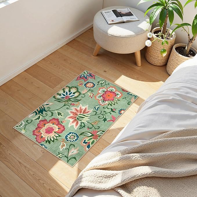 Beeiva Floral 2x3 Washable Rug Non Slip, Ultra Thin Door Mat Indoor Entrance for Kitchen, Non Shedding Green Rug Carpet Entry Way Bedroom Beside Bathroom (Light Green,2'x3')